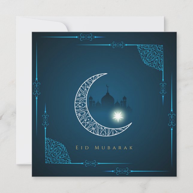 Cartão De Festividades Mesquita azul-estrela do Eid White Crescent (Frente)