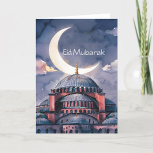 Cartão De Festividades Mesquita de aquarela lua Eid Mubarak crescente