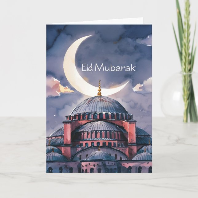 Cartão De Festividades Mesquita de aquarela lua Eid Mubarak Crescente lua (Frente)