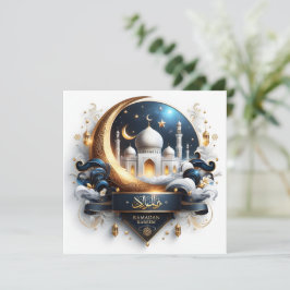 Cartão De Festividades Mesquita Dourada Eid Ramadan Crescente Azul Branco