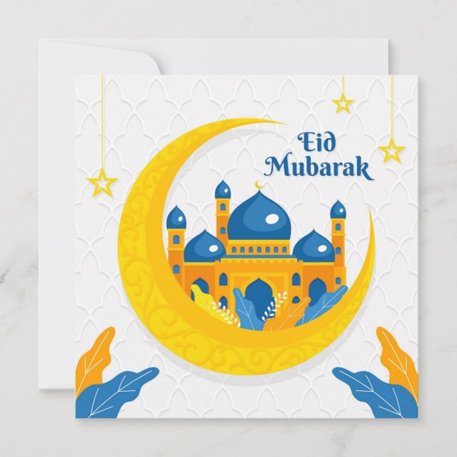 Cartão De Festividades Mesquita Eid Mubarak Cor da Água - Amarelo (Frente)