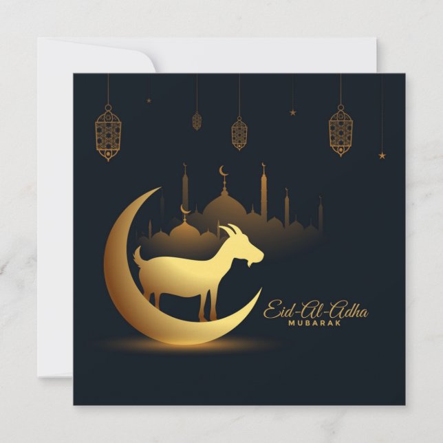 Cartão De Festividades Mesquita Eid Ul Adha Mubarak Crescent Goat Dourada (Frente)