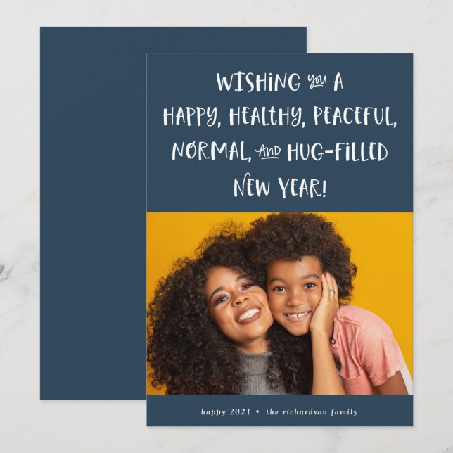 Cartão De Festividades Meu Desejo para 2021 | Foto Azul Feliz Ano Novo (Frente/Verso)