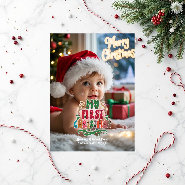 Cartão De Festividades "Meu Primeiro Natal" Retro Foto Bebê ("My First Christmas" Retro Baby Photo Holiday Card)