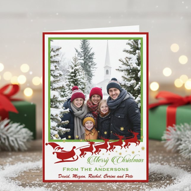 Cartão De Festividades Mid-Century Santa & Reindeer Custom Photo (Mid-Century Santa & Reindeer Custom Photo Holiday Card)