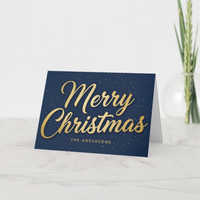 Cartão De Festividades Midnight Blue Retro Script Merry Christmas (Frente)