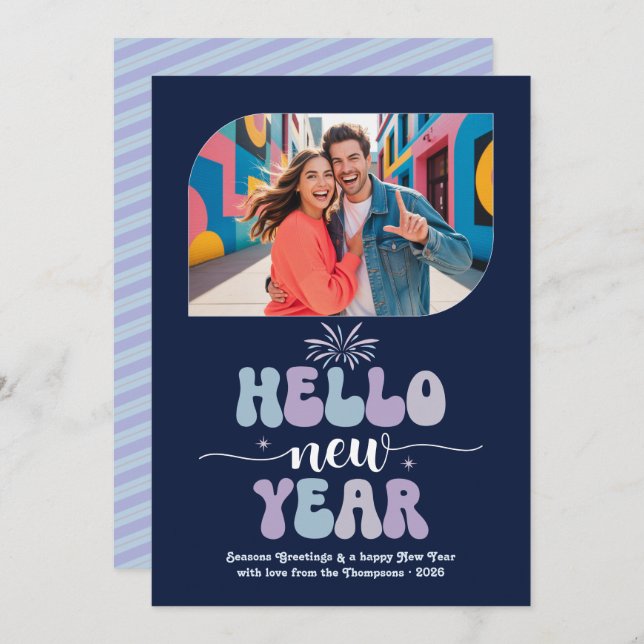 Cartão De Festividades Midnight Frost Hello New Year Blue Retro Photo (Frente/Verso)