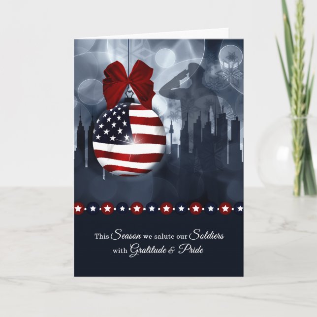 Cartão De Festividades Military Christmas - American Flag with Soldier (Frente)