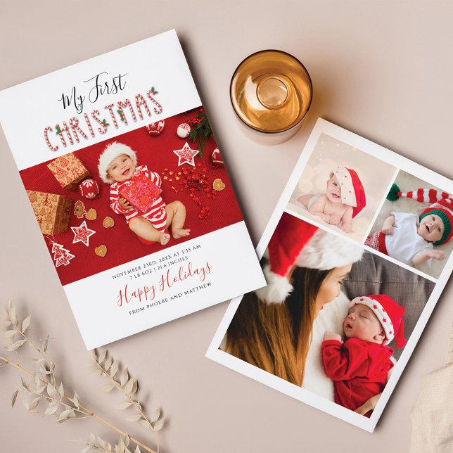 Cartão De Festividades Minha Primeira Colagem de Foto do Novo Natal (Cute First Christmas Baby Photo Collage Holiday Greetings)