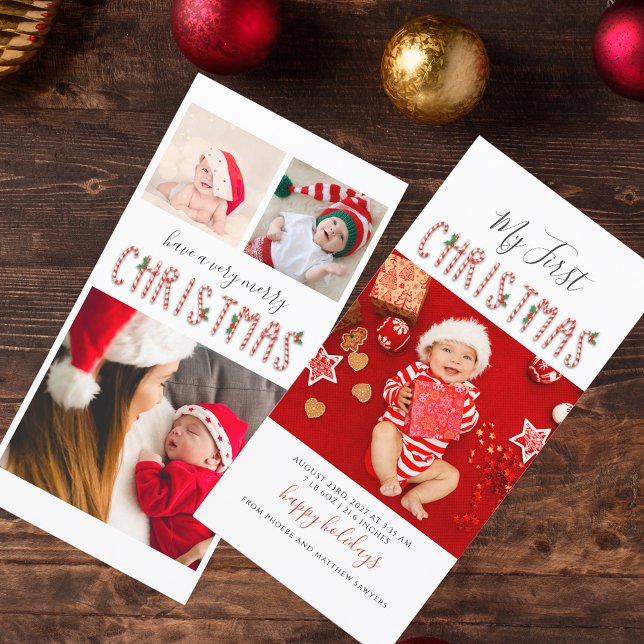 Cartão De Festividades Minha Primeira Colagem de Fotos de Bebê de Natal (My First Christmas Baby Photo Collage 4x9 Greetings)