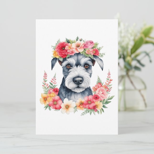 Cartão De Festividades Mini Schnauzer Flores Rosa Coroa Vermelha Amarelo  (Em pé/Frente)