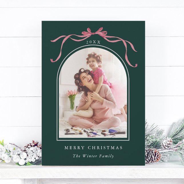 Cartão De Festividades Minimal Deep Blush Pink Bow Christmas Photo Green (Criador carregado)