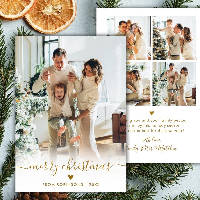 Cartão De Festividades Minimal Modern Gold Script 5 Photo Merry Christmas (Criador carregado)