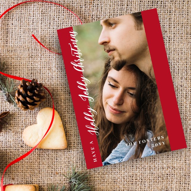 Cartão De Festividades Minimal Red Holly Jolly Christmas Photo  (Minimal Red Holly Jolly Christmas Photo Holiday Card with Envelope.)