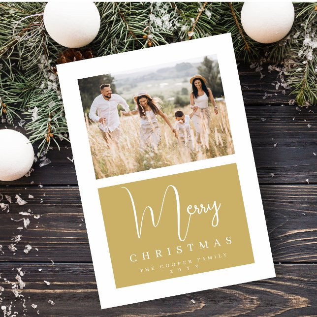 Cartão De Festividades  Minimal Simple Exquisite Fake Golden Photo (Minimal Simple Exquisite Modern Fake Golden Photo Holiday Card with Envelope. )