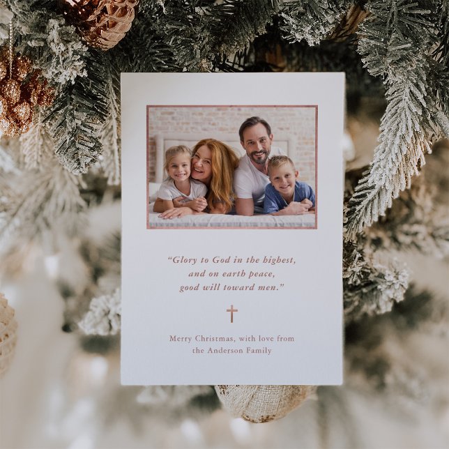 Cartão De Festividades Minimalismo de Natal | Foto e cruz Dourada rosa (Criador carregado)