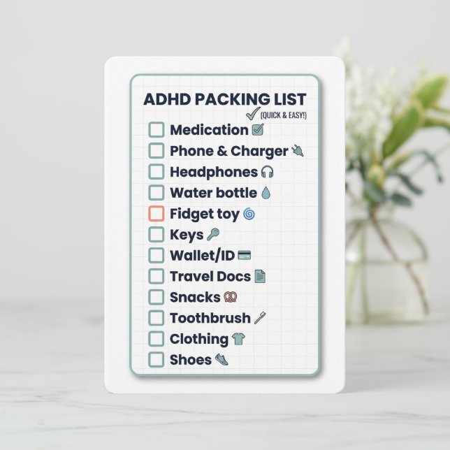 Cartão De Festividades Minimalist ADHD Packing List Travel Checklist Card (Em pé/Frente)
