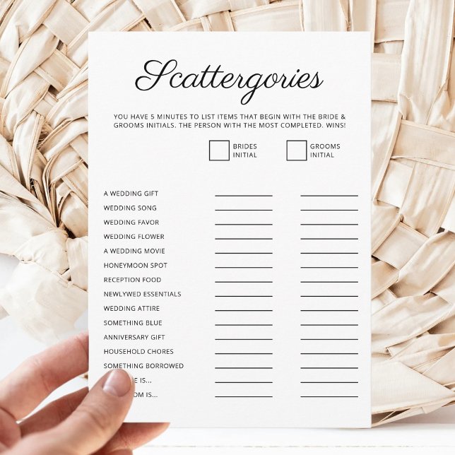 Cartão De Festividades Minimalist Bridal Shower Script Scattergories Game (Criador carregado)