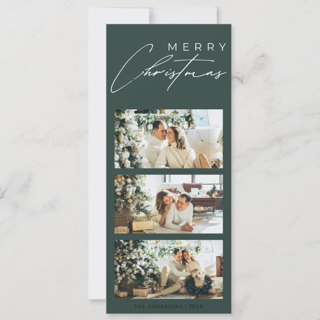 Cartão De Festividades Minimalist Elegant 3 Photo Collage Green Christmas (Frente)