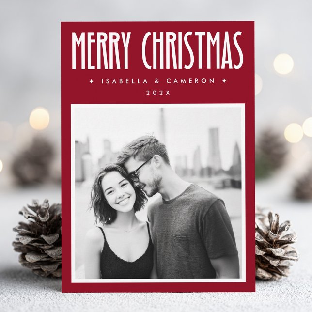 Cartão De Festividades Minimalist Merry Christmas dark deep red photo (Minimalist Merry Christmas dark deep red photo Holiday Card)