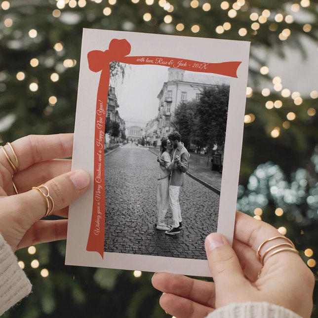 Cartão De Festividades Minimalist Orange Bow Retro Photo Christmas (Criador carregado)