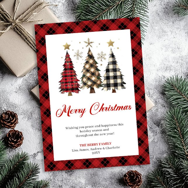 Cartão De Festividades Minimalist Red Plaid Christmas Tree Holiday  (Minimalist Red Plaid Christmas Tree Holiday Greeting)