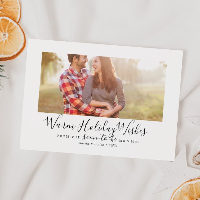 Cartão De Festividades Minimalist Warm Holiday Wishes Engagement Photo (Criador carregado)