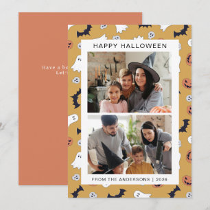 Cartão De Festividades Minimalista 2 Foto Retro Fantasma Morcego Feliz Ha