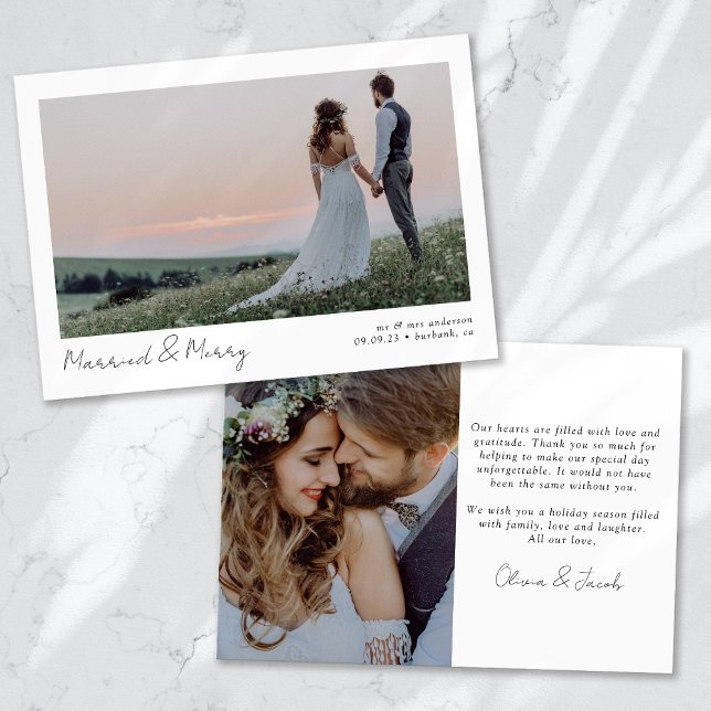 Cartão De Festividades Mínimo 2 Fotografia Caligrafia Casada e Feliz (Criador carregado)