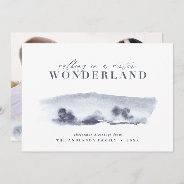 Cartão De Festividades Mínimo azul abstrato aquarela Natal 1 foto (Frente/Verso)