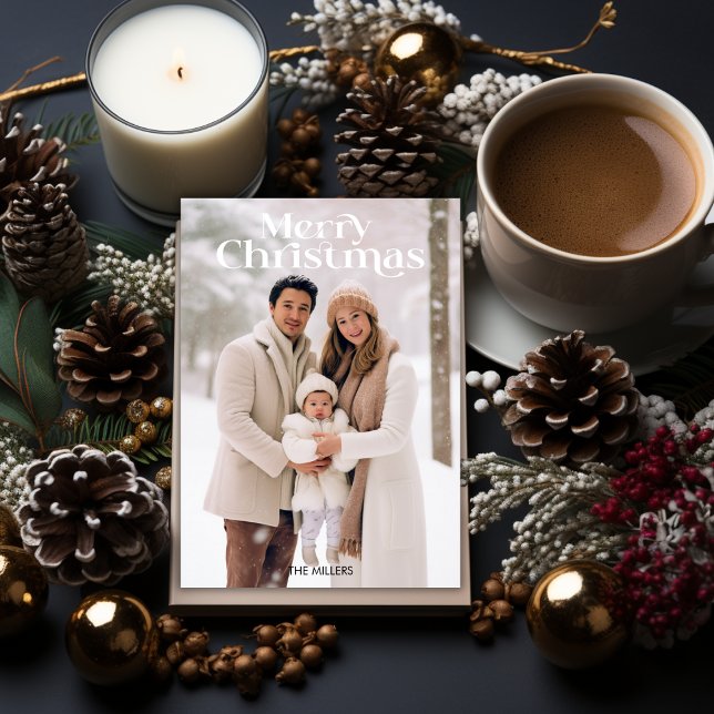 Cartão De Festividades Mínimo de 1 Beige Fotográfico de Natal Moderno (Modern Merry Christmas Minimal 1 Photo Beige Holiday Card)