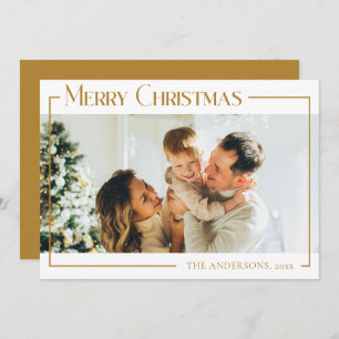 Cartão De Festividades Mínimo de Foto da Família Natal Moderna Dourada