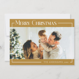 Cartão De Festividades Mínimo de Foto da Família Natal Moderna Dourada