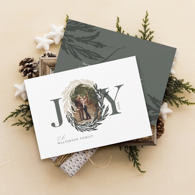 Cartão De Festividades Mínimo Elegante Joy Winter Garland Foto Wreath (Minimal Elegant Joy Winter Garland Photo Wreath Holiday Card)