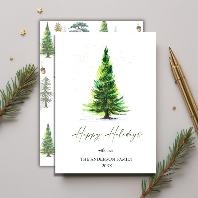Cartão De Festividades Mínimo Elegante Pine Tree Saudação Ho (Minimalist Elegant Pine Tree Christmas Greeting Ho Holiday Card)