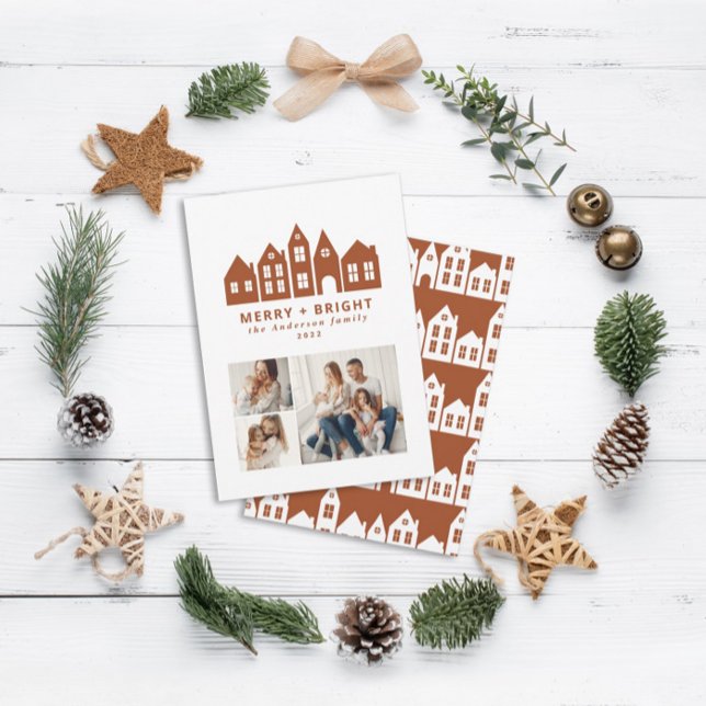 Cartão De Festividades Mínimo moderno de natal terracotta casas 3 fotos (Criador carregado)