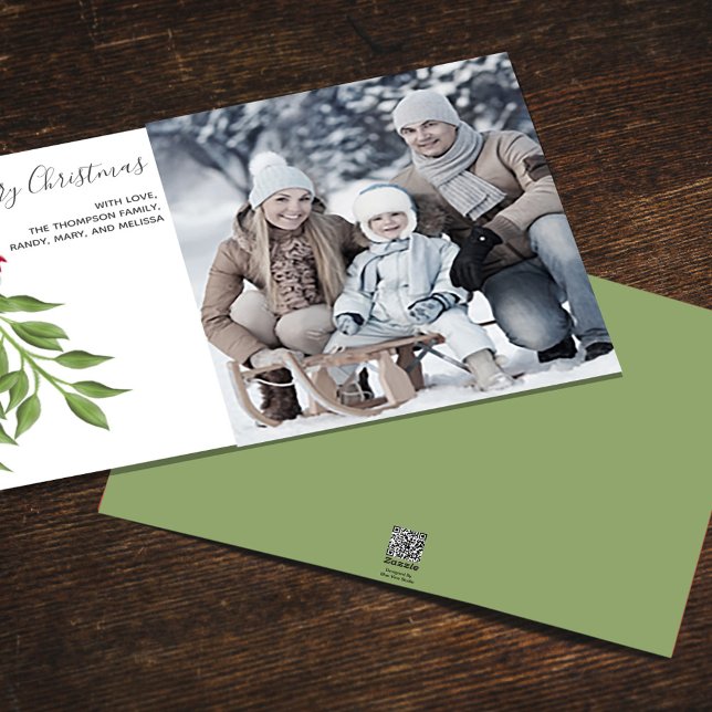 Cartão De Festividades Mistletoe Feliz Natal Uma Foto (Simple 5x7 Merry Christmas photo card with whimsical mistletoe greenery. )