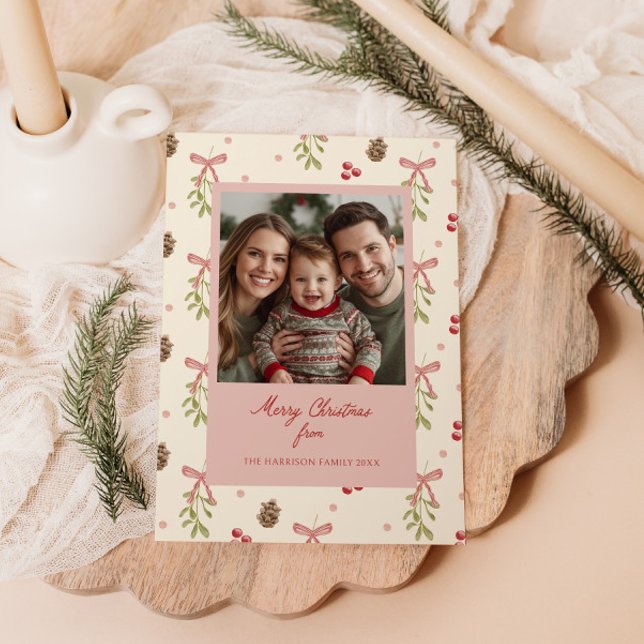 Cartão De Festividades Mistletoe Pinecone Berry Pattern Foto (Criador carregado)