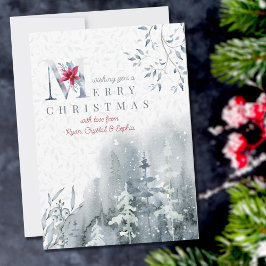 Cartão De Festividades Misty Watercolor Winter Forest e Poinsettia