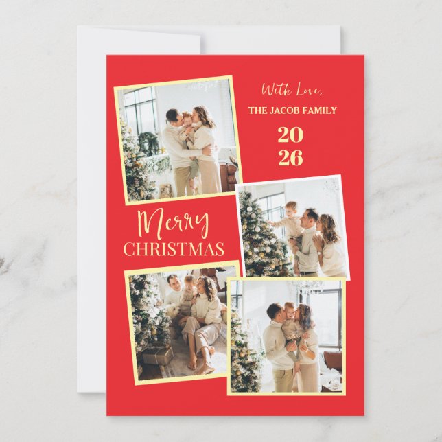 Cartão De Festividades Modern 4 Photo Polaroid Grid Merry Christmas (Frente)