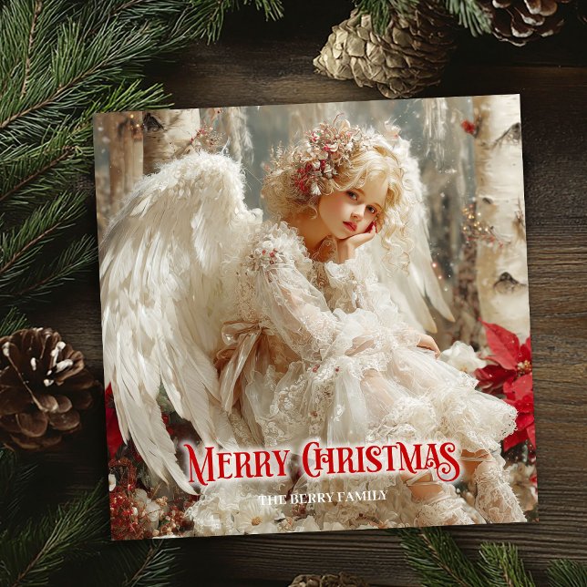 Cartão De Festividades Modern angelic angel red poinsettias chic greeting (Modern angelic angel red poinsettias chic greeting Holiday Card)