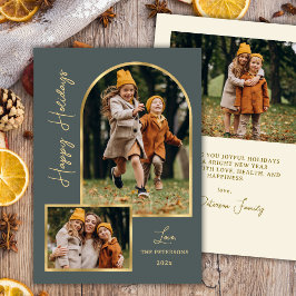 Cartão De Festividades Modern Arch 3 Photo Green Happy Holiday Card