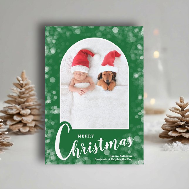 Cartão De Festividades Modern Arched Photo on Green Christmas (Modern arched photo on green Merry Christmas holiday cards, PRINTED and/or INSTANT DOWNLOAD)