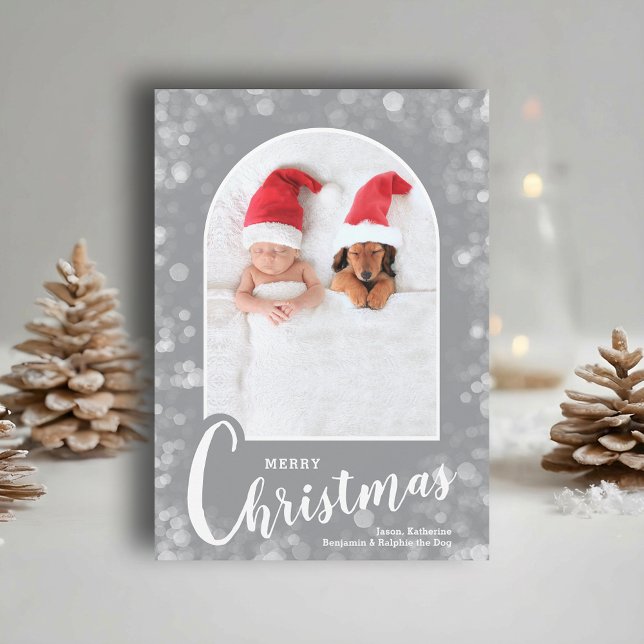 Cartão De Festividades Modern Arched Photo on Grey Christmas (Modern arched photo on grey Merry Christmas holiday cards, PRINTED and/or INSTANT DOWNLOAD)