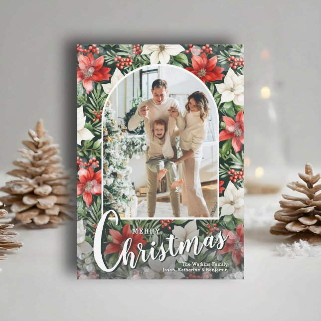 Cartão De Festividades Modern Arched Photo on Poinsettias Christmas (Modern arched photo on poinsettia Merry Christmas holiday cards, PRINTED and/or INSTANT DOWNLOAD)