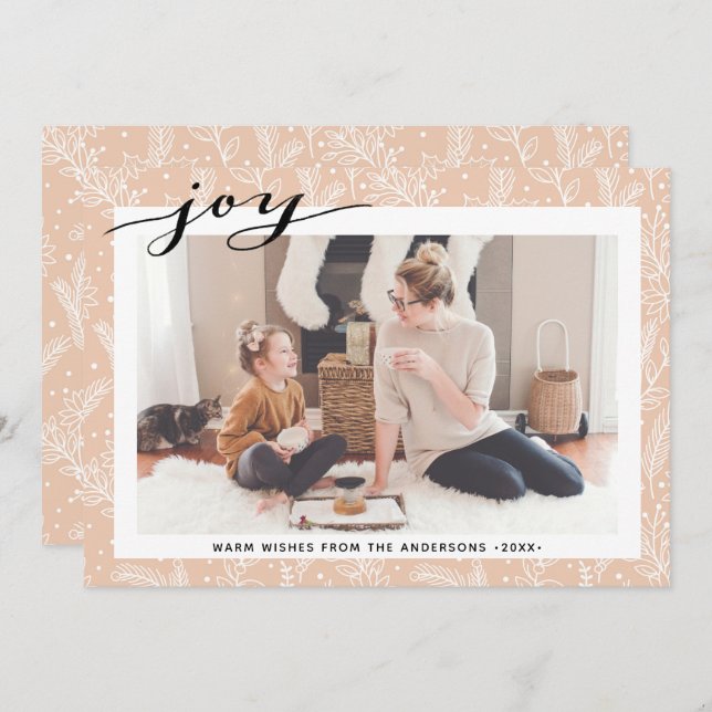 Cartão De Festividades Modern Beige Pine Boughs Script Elegante JOY Simpl (Frente/Verso)
