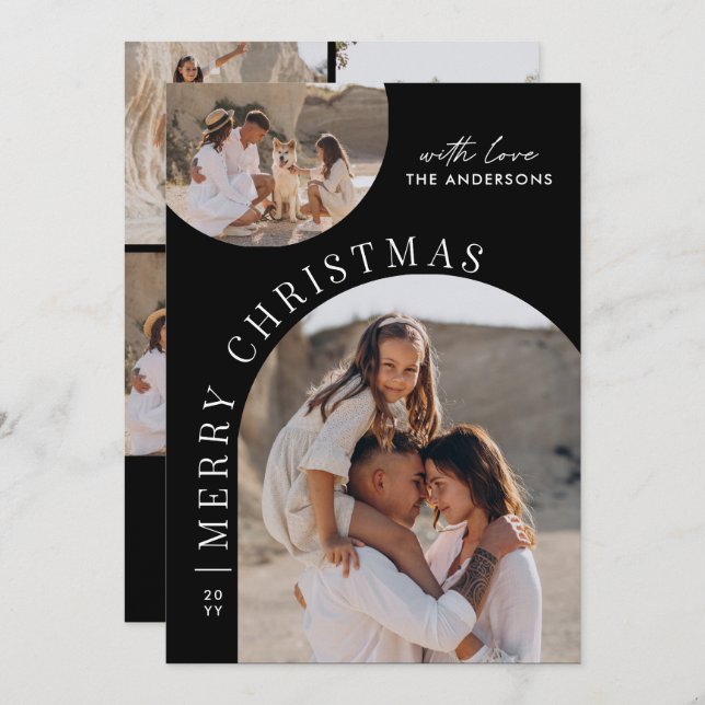 Cartão De Festividades Modern Black Arch Layout Christmas Photo template (Frente/Verso)