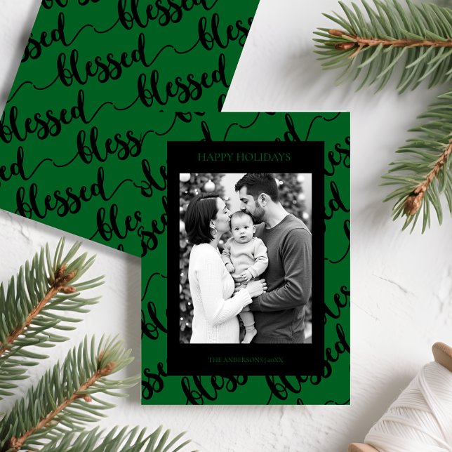 Cartão De Festividades Modern Black & Green “Blessed” Script Photo (Modern Black & Green “Blessed” Script Photo Holiday Card)
