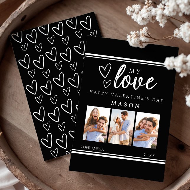 Cartão De Festividades Modern Black Happy Valentine's Photo Collage Card (Modern Black and White Hand Drawn Hearts Photo Collage Happy Valentine's Day Card)