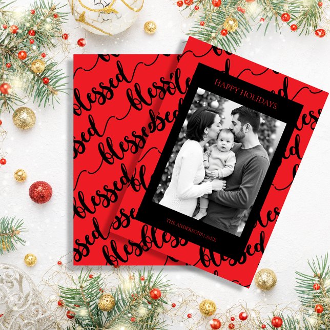 Cartão De Festividades Modern Black & Red “Blessed” Script Photo (Modern Black & Red “Blessed” Script Photo Holiday Card)